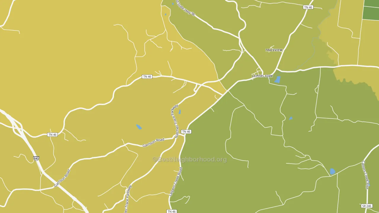 Map of the best neighborhoods in the Leipers Fork area, with better matches in green and worse matches in red