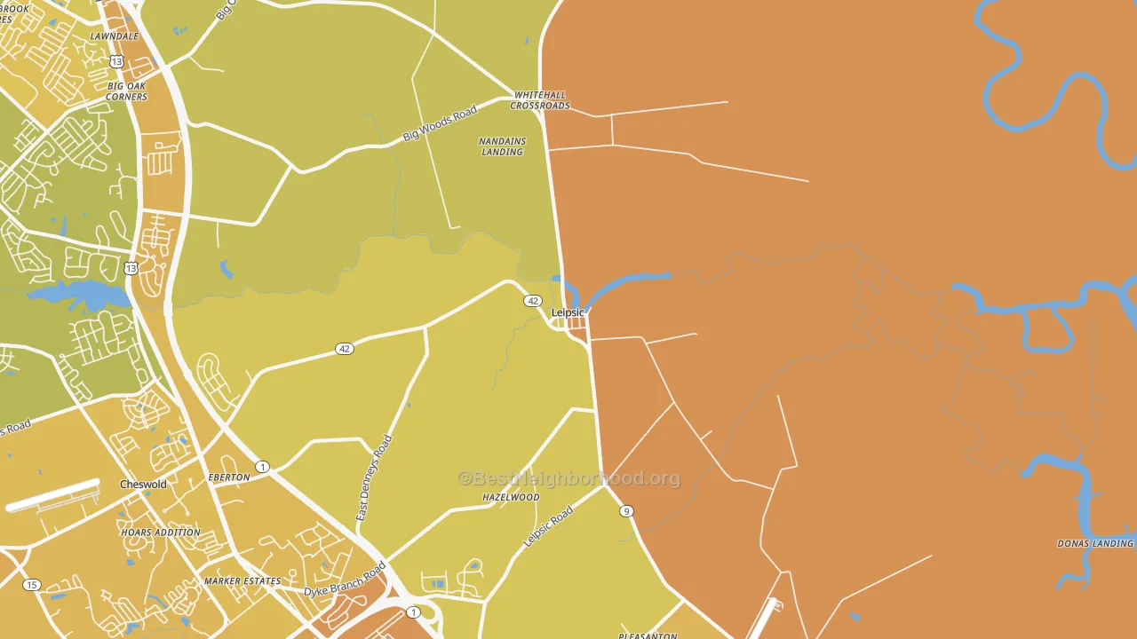 Map of the best neighborhoods in the Leipsic area, with better matches in green and worse matches in red