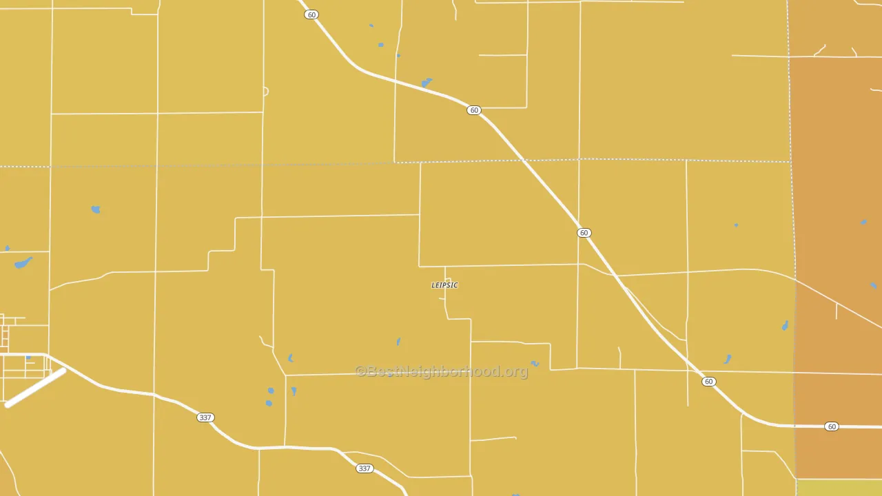 Map of the best neighborhoods in the Leipsic area, with better matches in green and worse matches in red