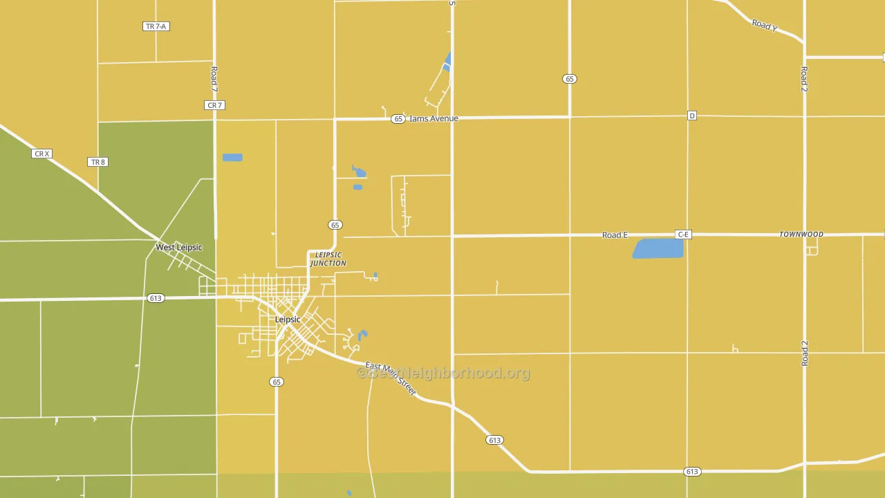 Map of the best neighborhoods in the Leipsic Junction area, with better matches in green and worse matches in red