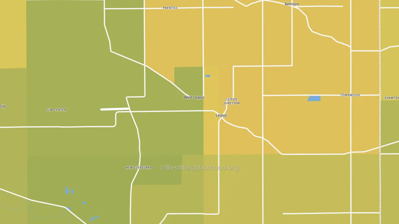 Map of the best neighborhoods in the Leipsic area, with better matches in green and worse matches in red