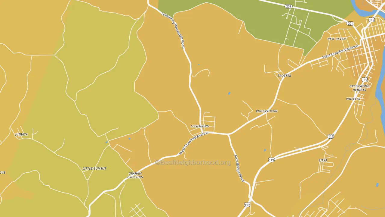 Map of the best neighborhoods in the Leisenring area, with better matches in green and worse matches in red