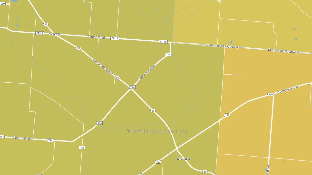 Map of the best neighborhoods in the Leistville area, with better matches in green and worse matches in red