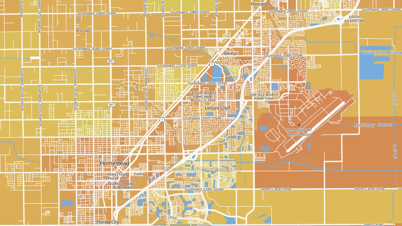 Map of the best neighborhoods in the Leisure City area, with better matches in green and worse matches in red