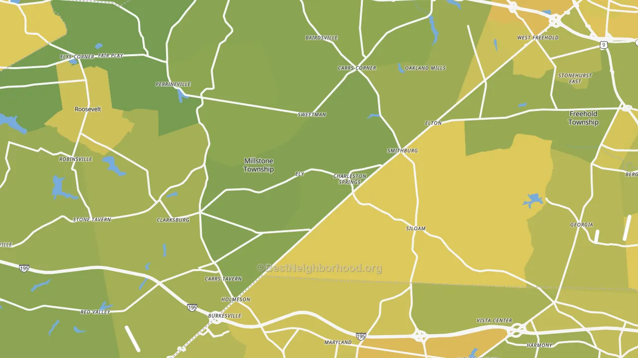 Map of the best neighborhoods in the Leisure Knoll area, with better matches in green and worse matches in red
