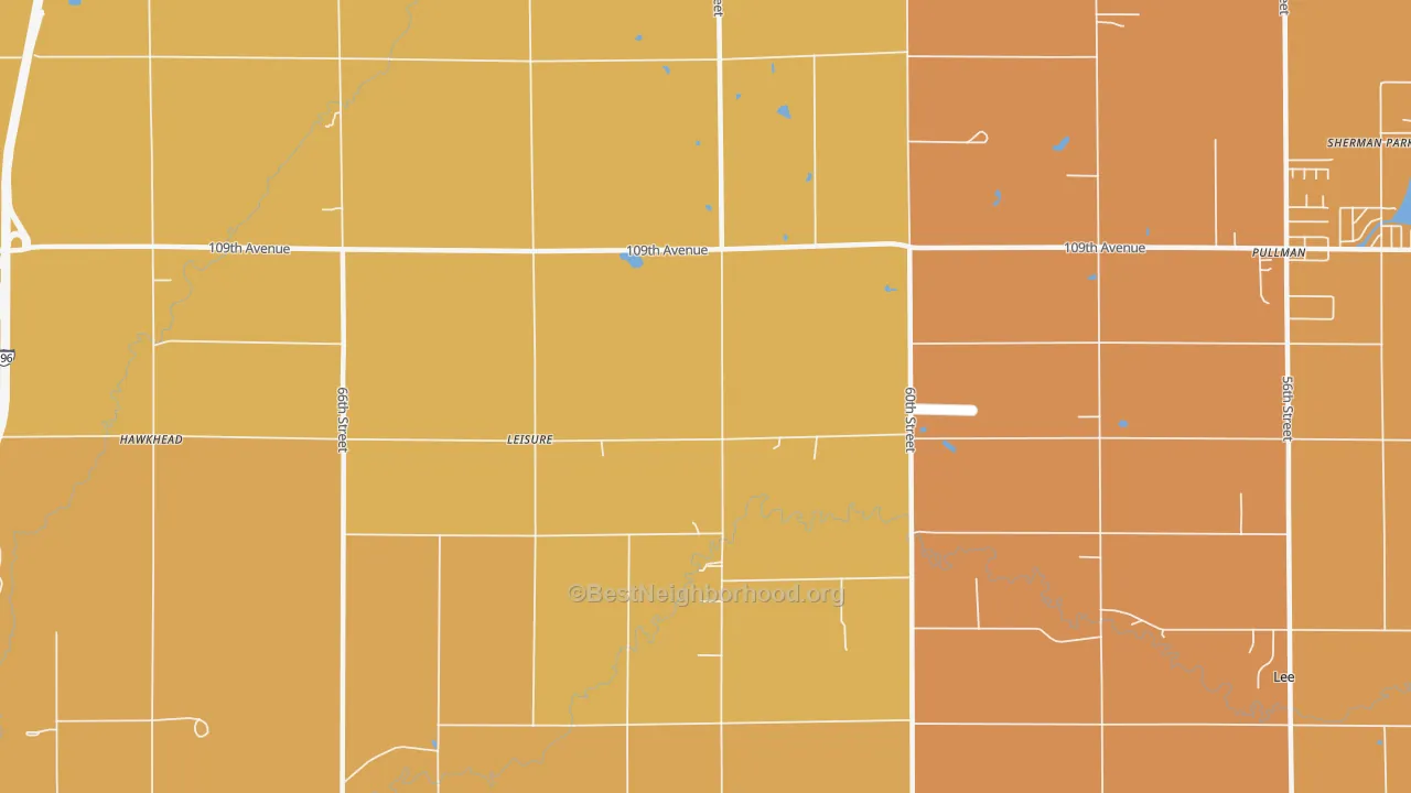 Map of the best neighborhoods in the Leisure area, with better matches in green and worse matches in red