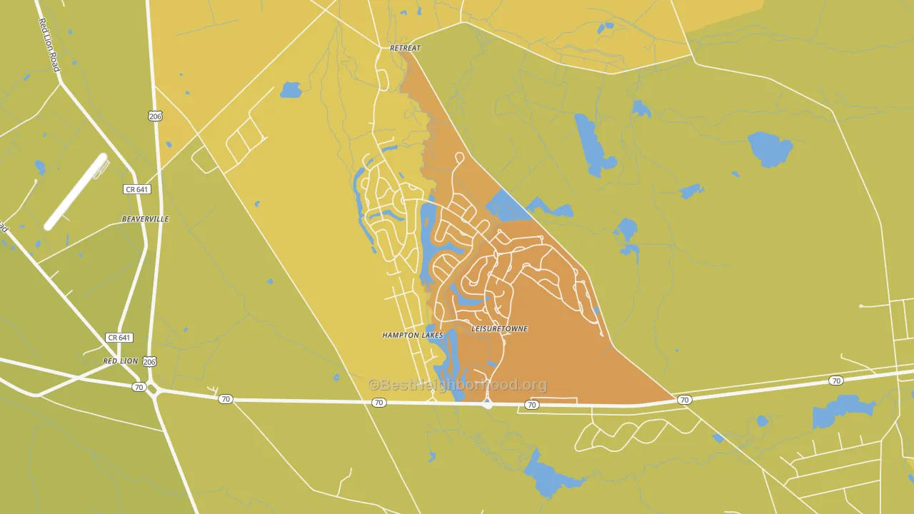 Map of the best neighborhoods in the Leisuretowne area, with better matches in green and worse matches in red