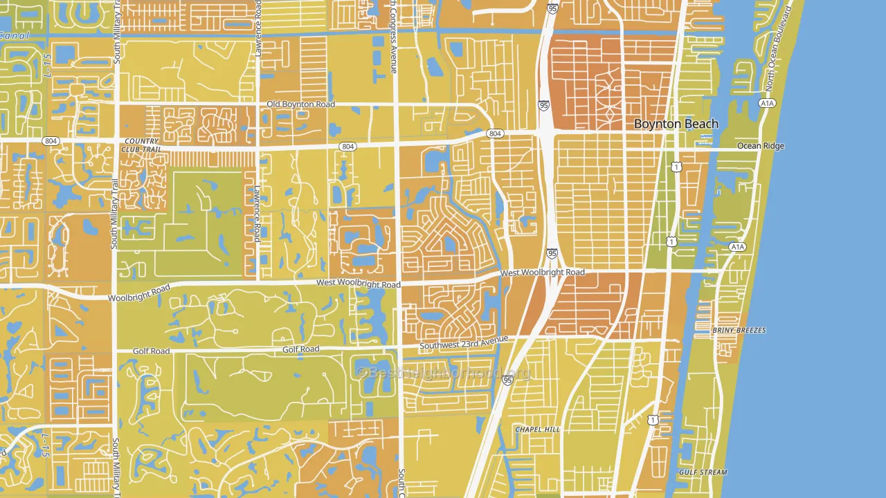 Map of the best neighborhoods in the Leisureville, Boynton Beach area, with better matches in green and worse matches in red