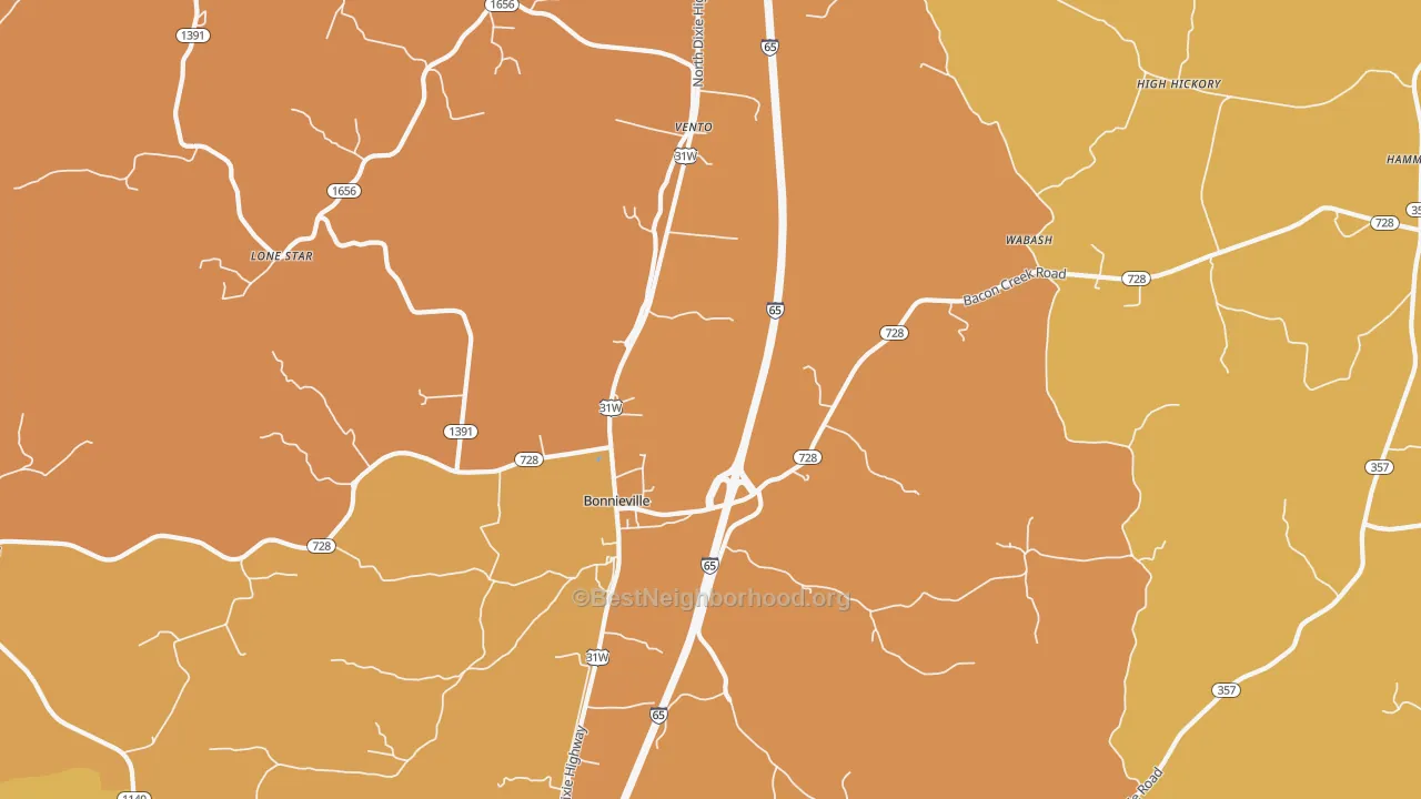 Map of the best neighborhoods in the Leitchfield Crossing area, with better matches in green and worse matches in red