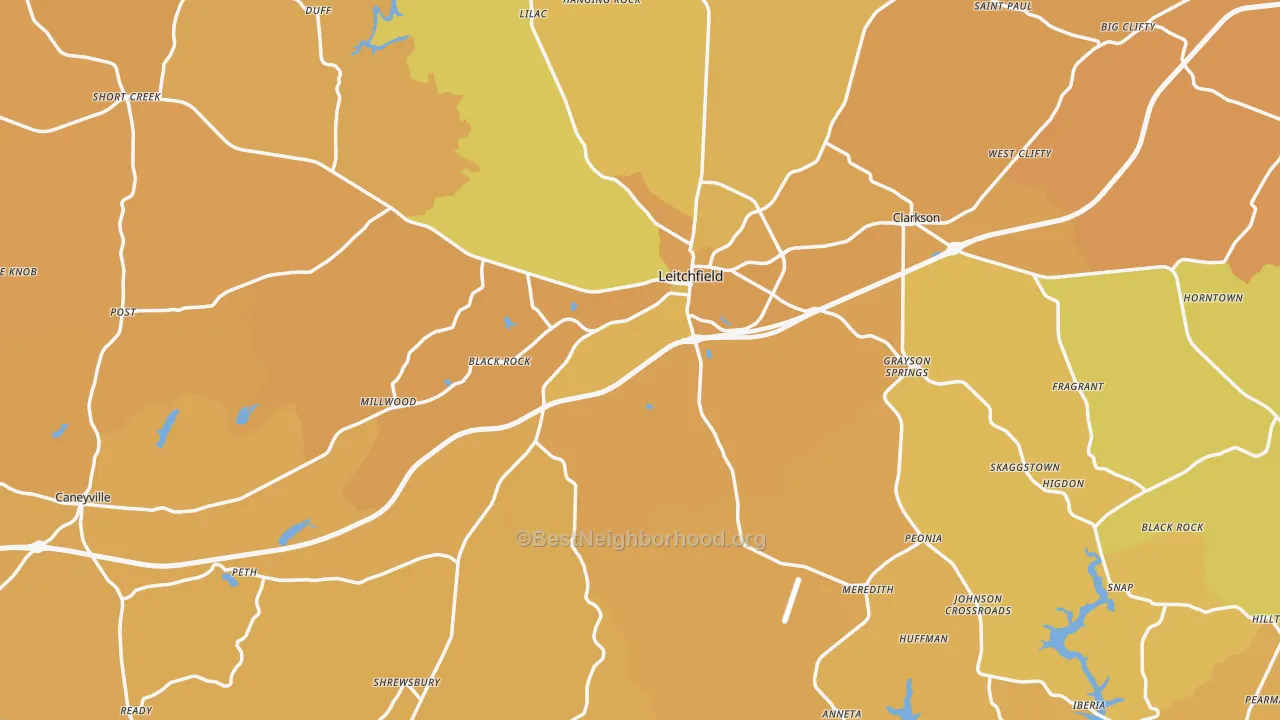 Map of the best neighborhoods in the Leitchfield area, with better matches in green and worse matches in red
