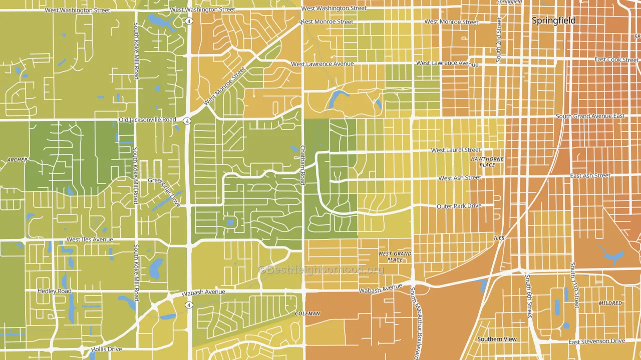 Map of the best neighborhoods in the Leland Grove area, with better matches in green and worse matches in red