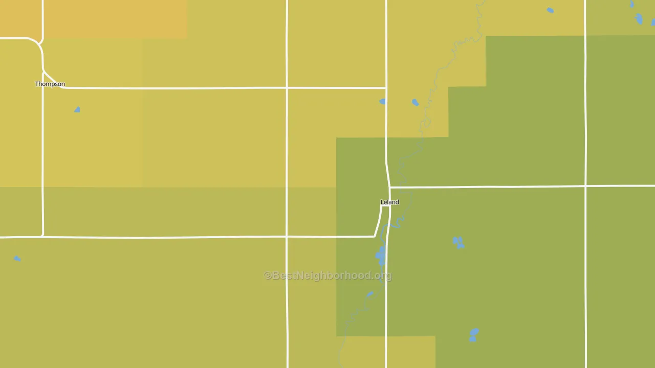 Map of the best neighborhoods in the Leland area, with better matches in green and worse matches in red