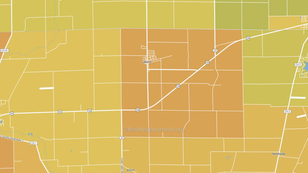 Map of the best neighborhoods in the Leland area, with better matches in green and worse matches in red