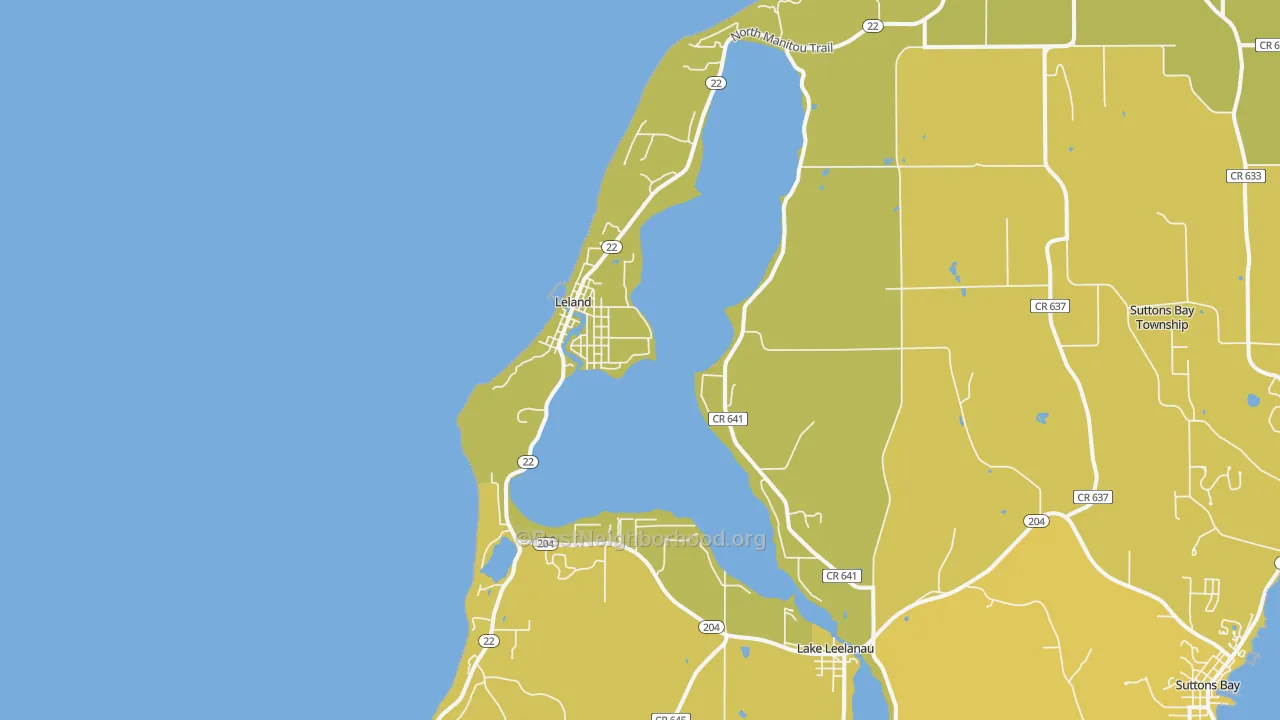 Map of the best neighborhoods in the Leland area, with better matches in green and worse matches in red