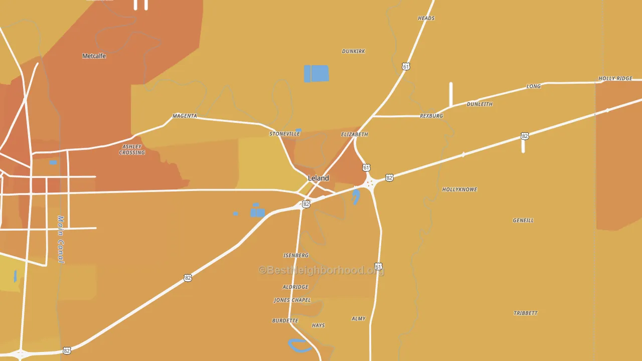 Map of the best neighborhoods in the Leland area, with better matches in green and worse matches in red