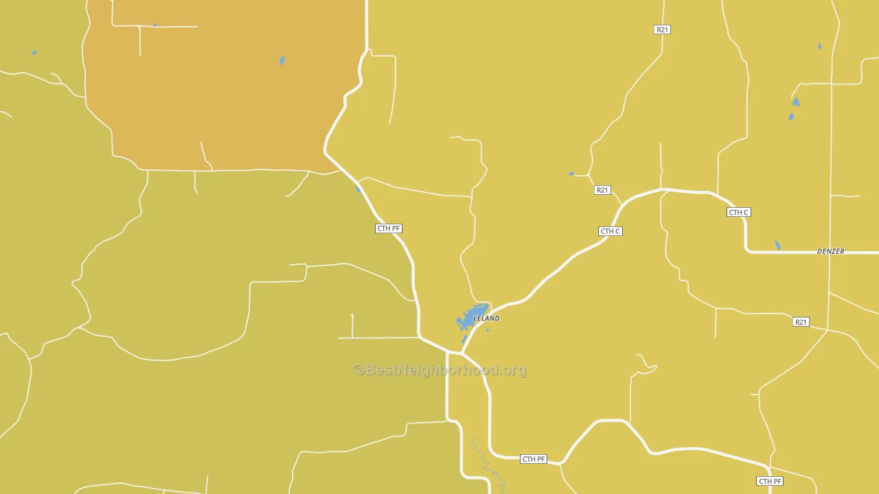 Map of the best neighborhoods in the Leland area, with better matches in green and worse matches in red