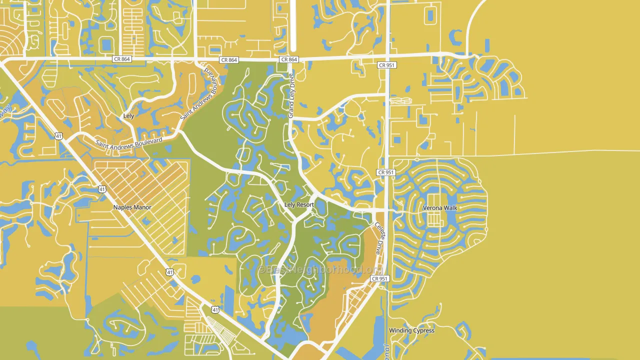 Map of the best neighborhoods in the Lely Resort, Naples area, with better matches in green and worse matches in red