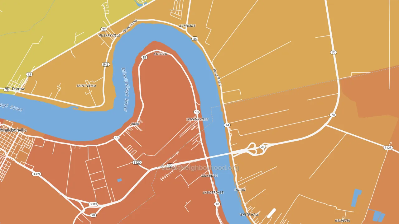 Map of the best neighborhoods in the Lemannville area, with better matches in green and worse matches in red