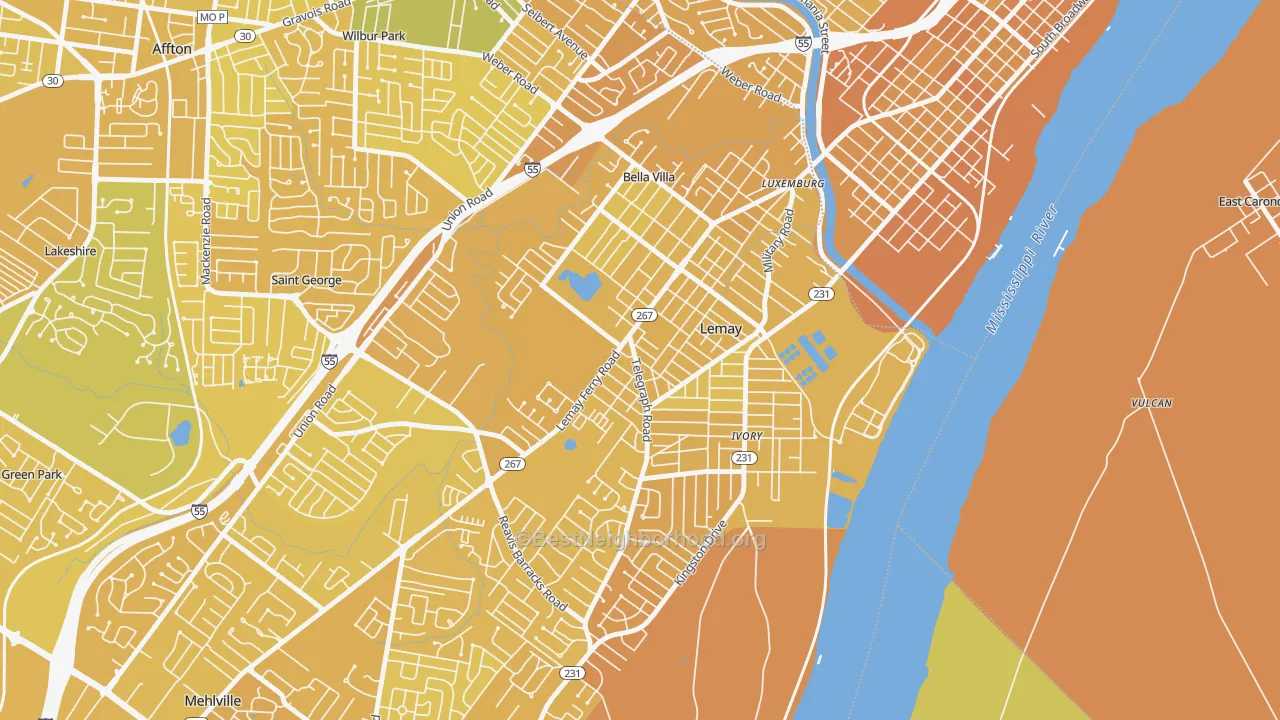 Map of the best neighborhoods in the Lemay area, with better matches in green and worse matches in red