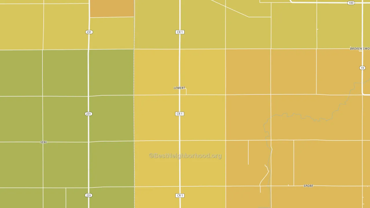 Map of the best neighborhoods in the Lemert area, with better matches in green and worse matches in red