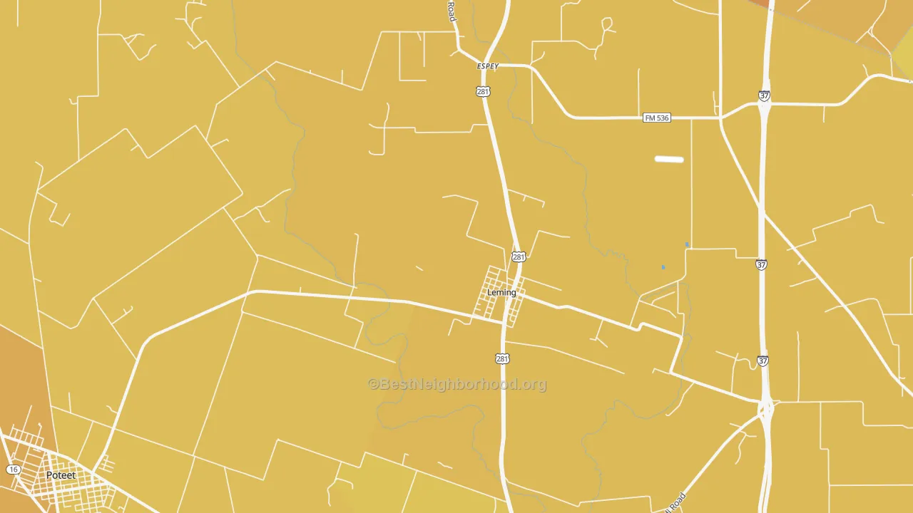Map of the best neighborhoods in the Leming area, with better matches in green and worse matches in red