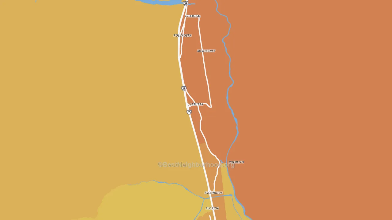Map of the best neighborhoods in the Lemitar area, with better matches in green and worse matches in red