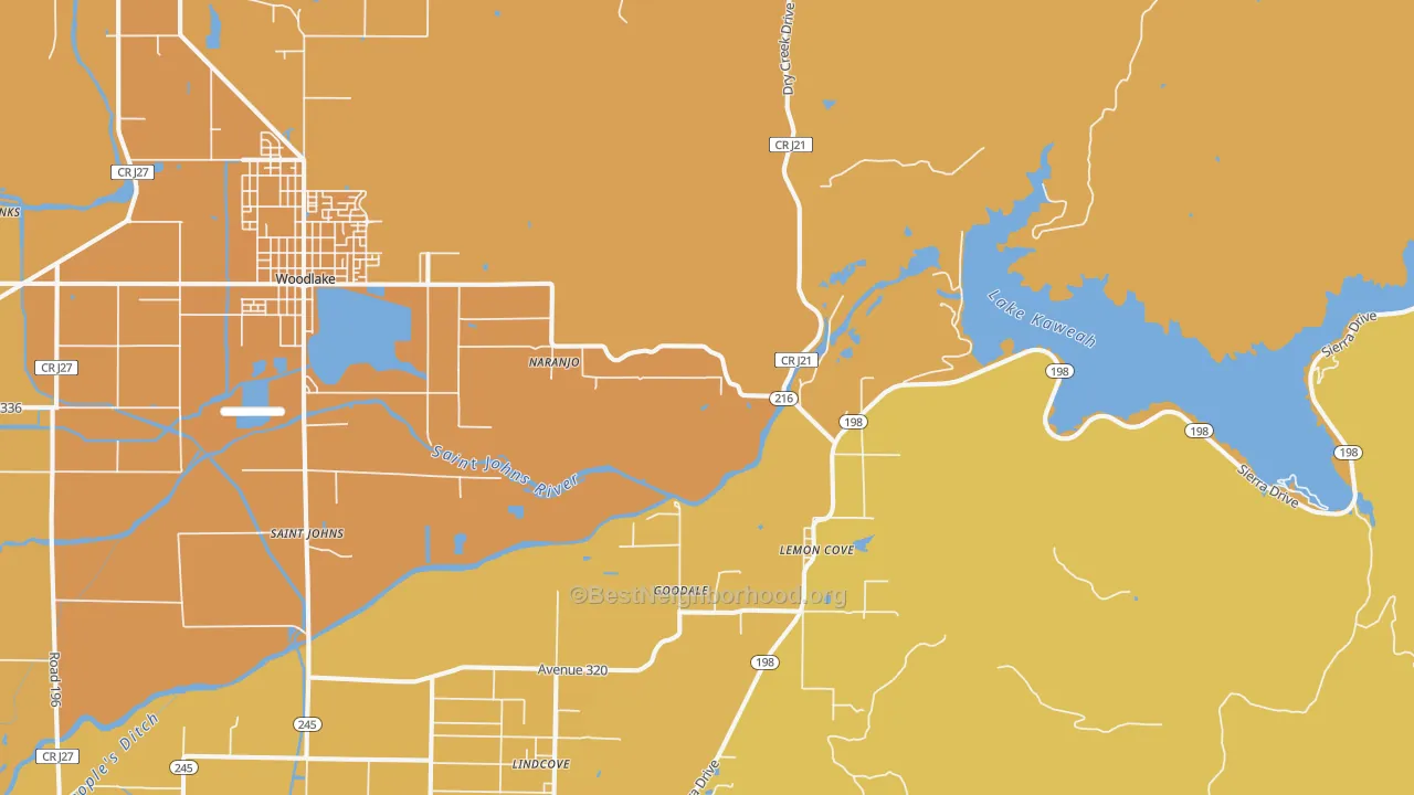 Map of the best neighborhoods in the Lemon Cove area, with better matches in green and worse matches in red