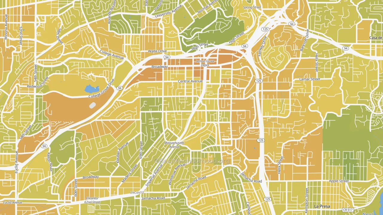 Map of the best neighborhoods in the Lemon Grove area, with better matches in green and worse matches in red