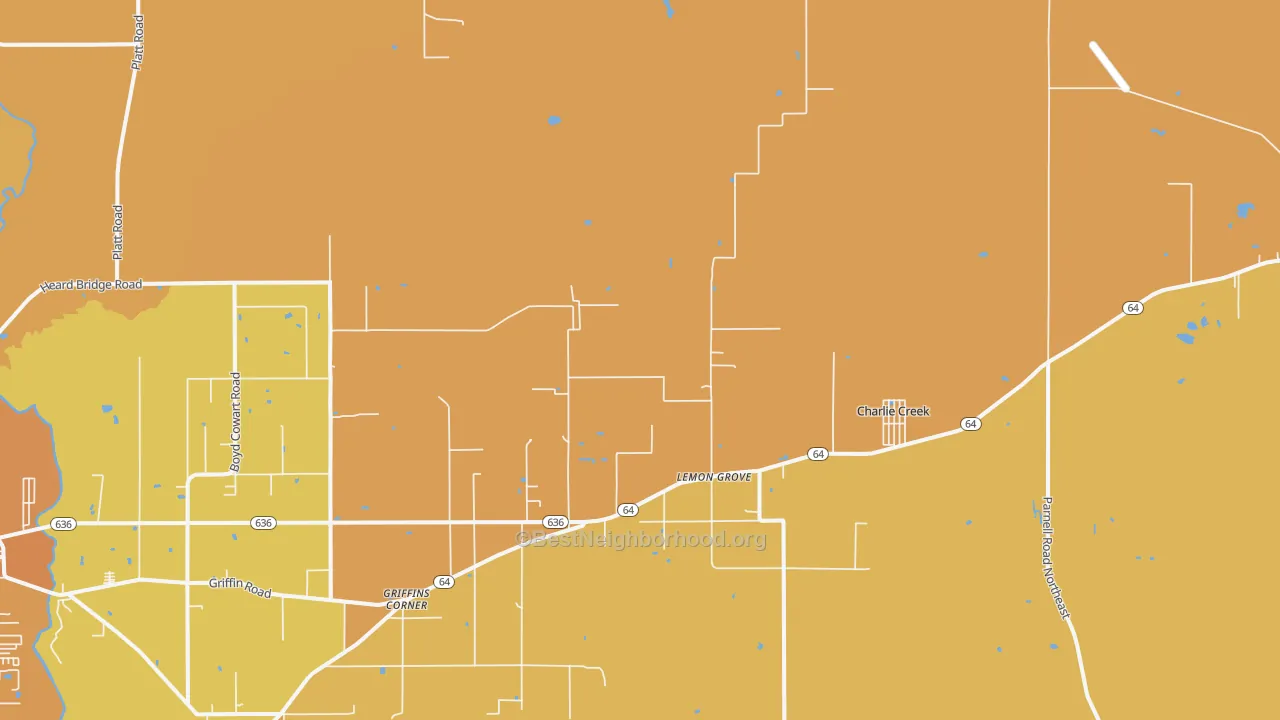 Map of the best neighborhoods in the Lemon Grove area, with better matches in green and worse matches in red