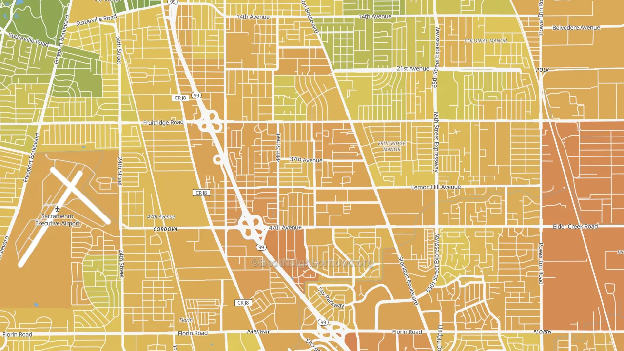 Map of the best neighborhoods in the Lemon Hill area, with better matches in green and worse matches in red