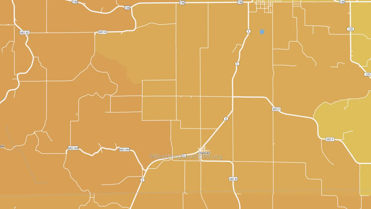 Map of the best neighborhoods in the Lemons area, with better matches in green and worse matches in red