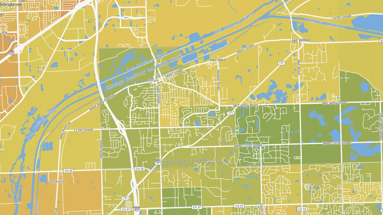 Map of the best neighborhoods in the Lemont area, with better matches in green and worse matches in red