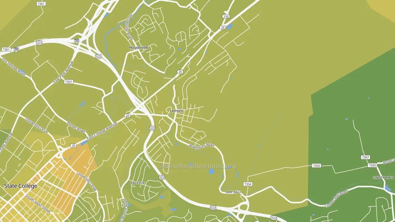 Map of the best neighborhoods in the Lemont area, with better matches in green and worse matches in red