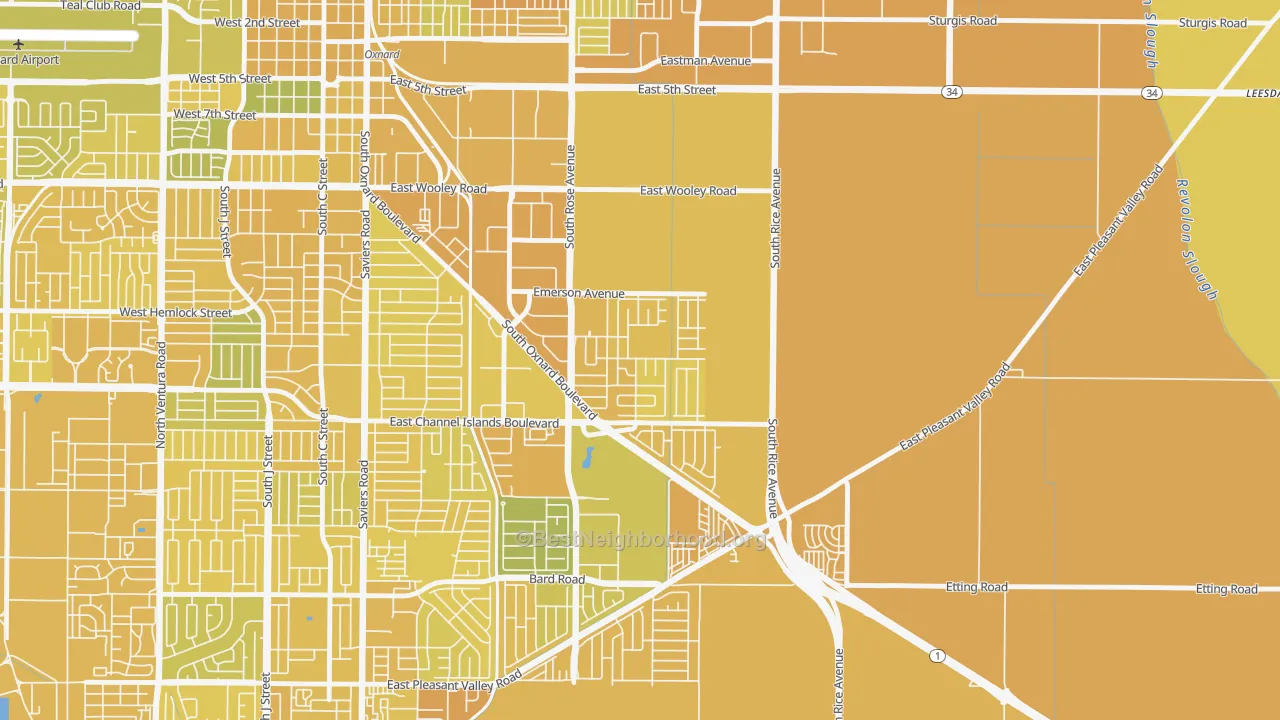 Map of the best neighborhoods in the Lemonwood Eastmont, Oxnard area, with better matches in green and worse matches in red