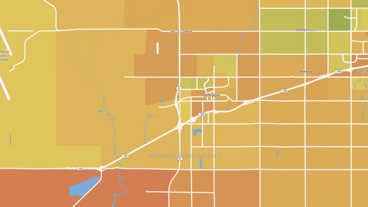Map of the best neighborhoods in the Lemoore area, with better matches in green and worse matches in red