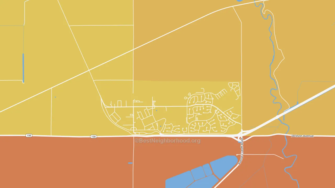 Map of the best neighborhoods in the Lemoore Station area, with better matches in green and worse matches in red