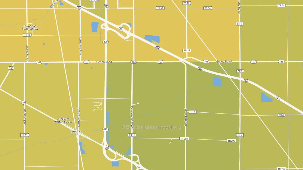 Map of the best neighborhoods in the Lemoyne area, with better matches in green and worse matches in red