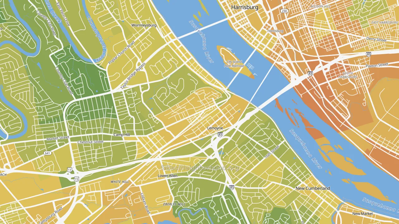 Map of the best neighborhoods in the Lemoyne area, with better matches in green and worse matches in red