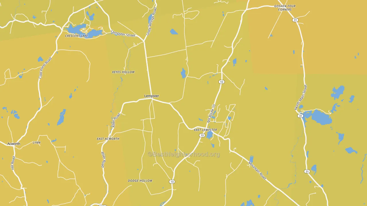 Map of the best neighborhoods in the Lempster area, with better matches in green and worse matches in red