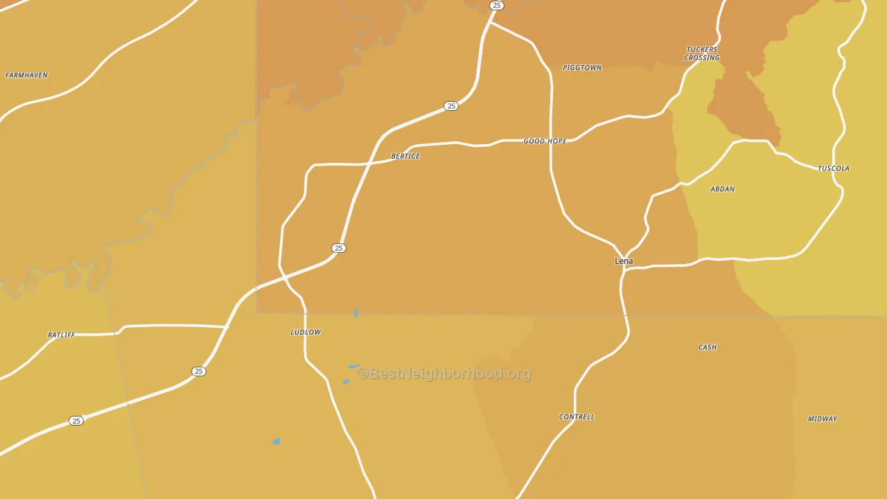 Map of the best neighborhoods in the Lena area, with better matches in green and worse matches in red