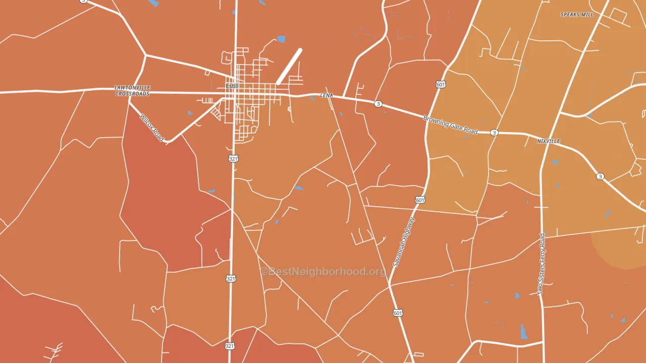 Map of the best neighborhoods in the Lena area, with better matches in green and worse matches in red