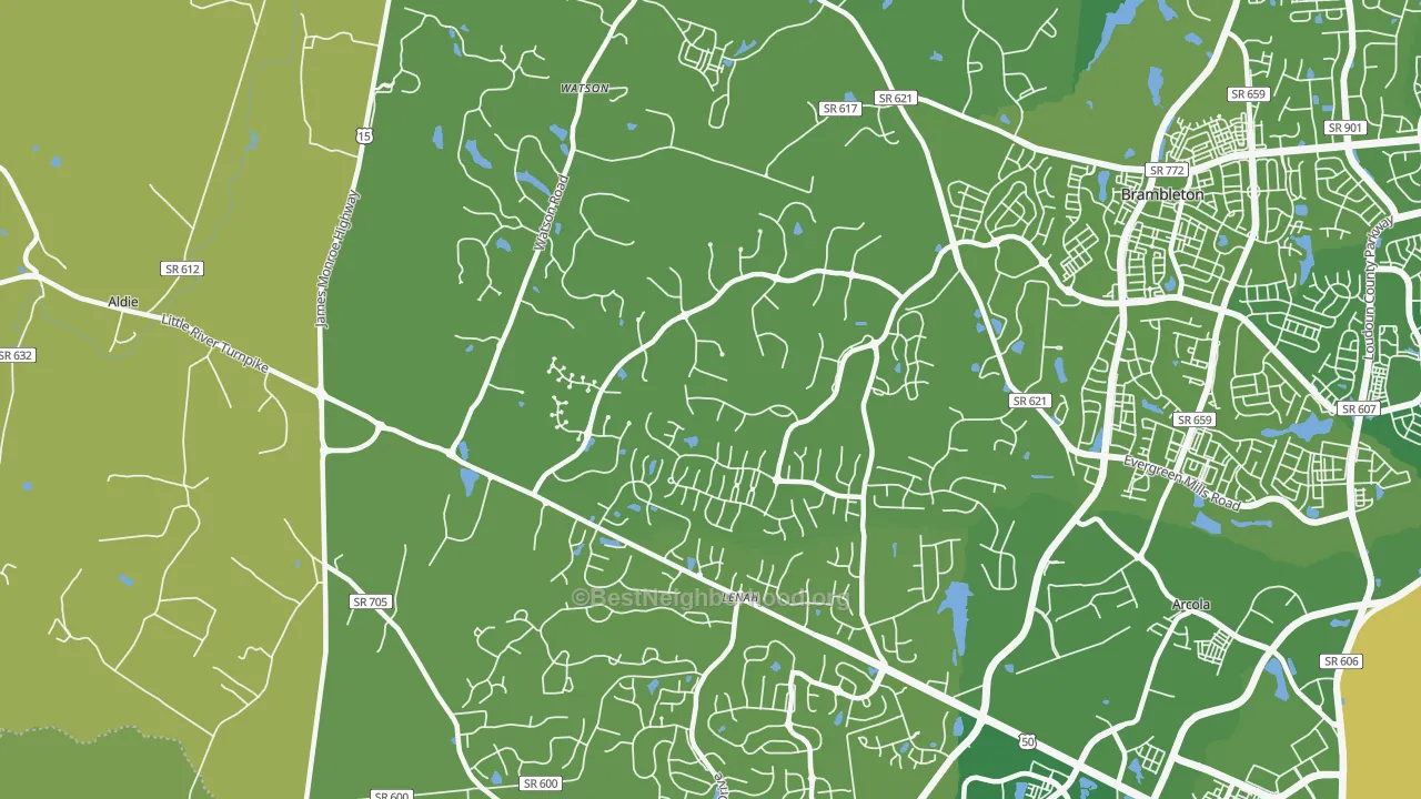 Map of the best neighborhoods in the Lenah area, with better matches in green and worse matches in red