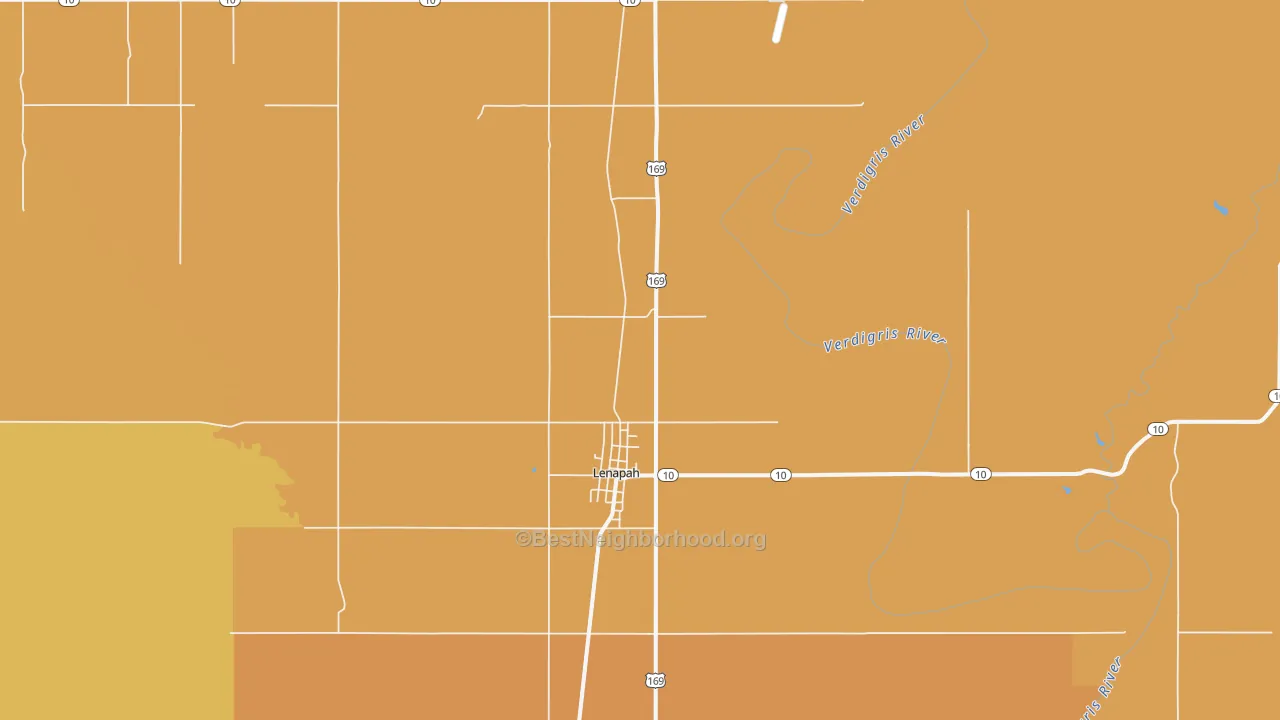 Map of the best neighborhoods in the Lenapah area, with better matches in green and worse matches in red