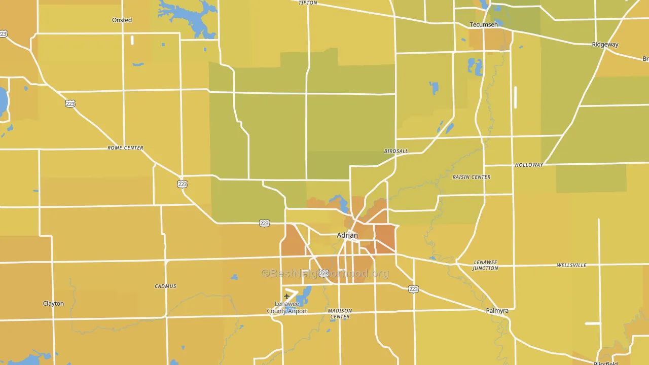 Map of the best neighborhoods in the Lenawee County area, with better matches in green and worse matches in red