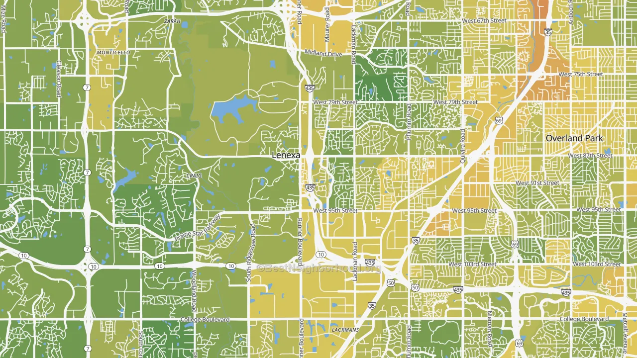 Map of the best neighborhoods in the Lenexa area, with better matches in green and worse matches in red