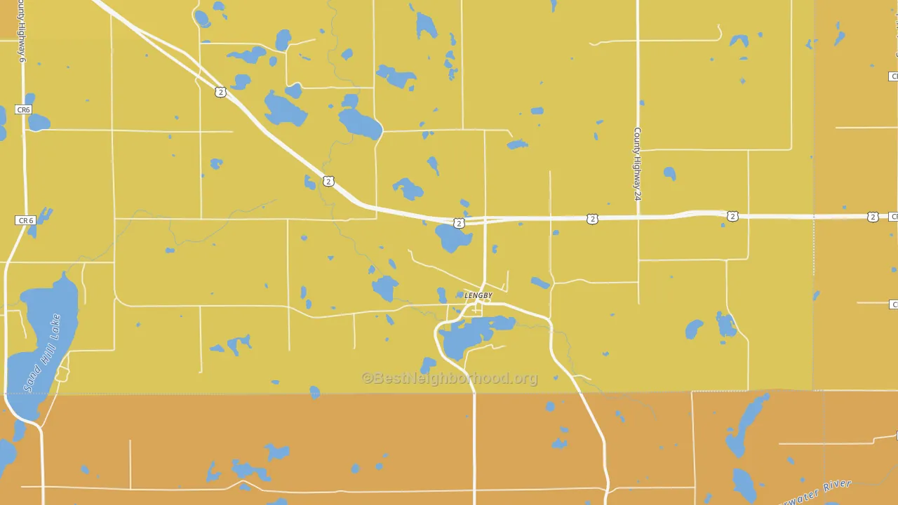 Map of the best neighborhoods in the Lengby area, with better matches in green and worse matches in red