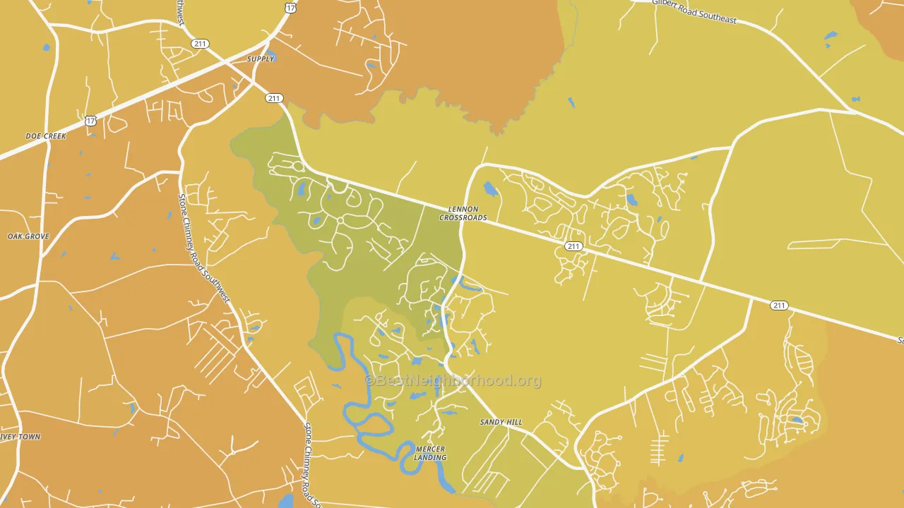 Map of the best neighborhoods in the Lennon Crossroads area, with better matches in green and worse matches in red