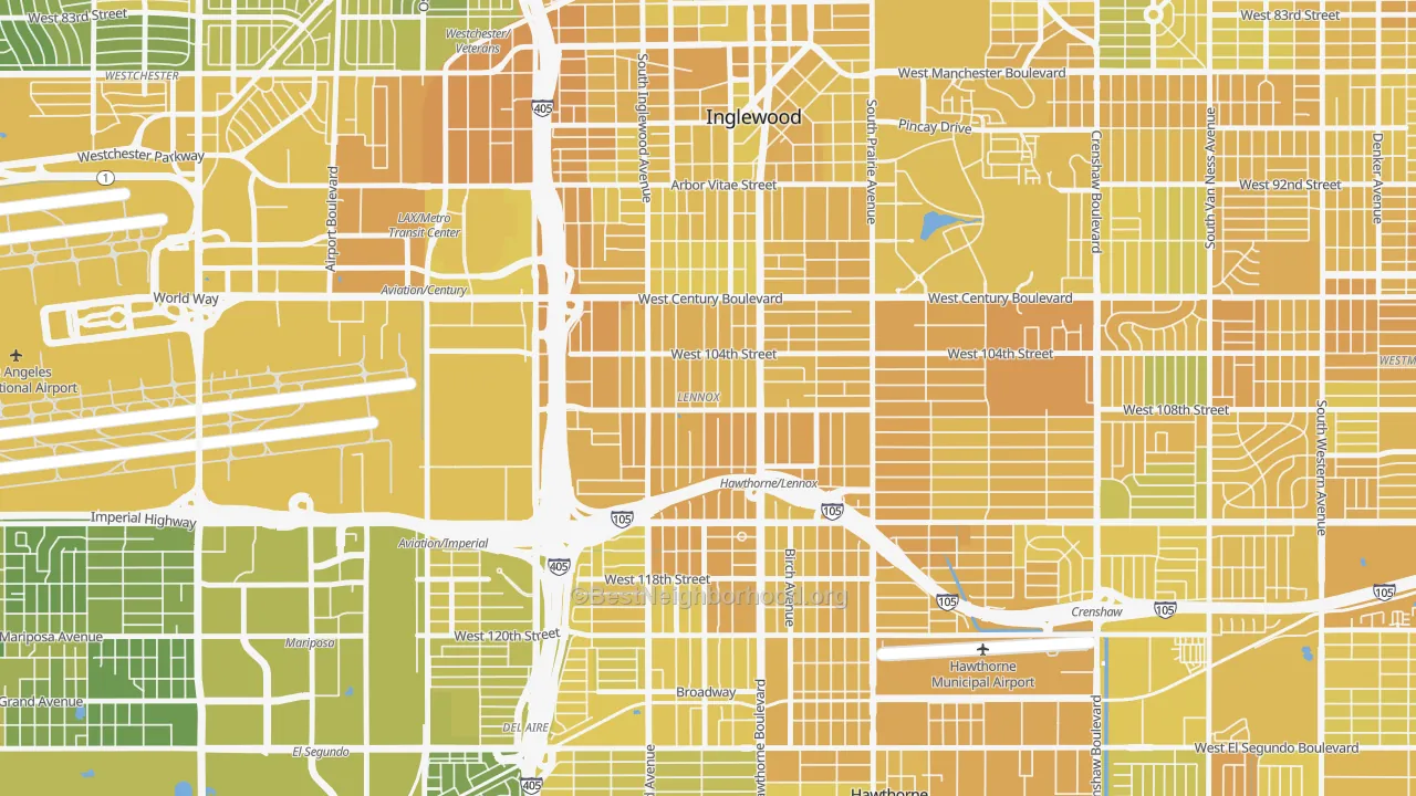 Map of the best neighborhoods in the Lennox area, with better matches in green and worse matches in red