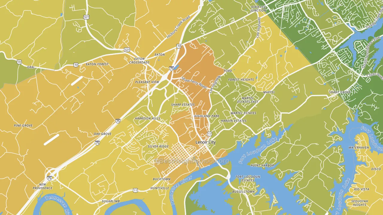 Map of the best neighborhoods in the Lenoir City area, with better matches in green and worse matches in red