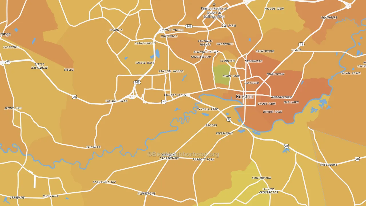 Map of the best neighborhoods in the Lenoir County area, with better matches in green and worse matches in red